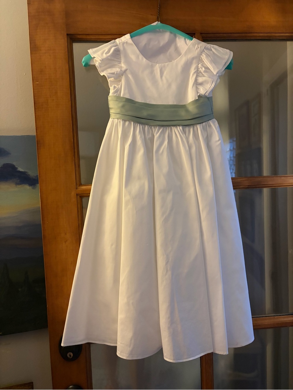 Azazie Ivory Flower Girl Dress with Sage Green Sash